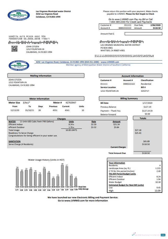 USA California Las Virgenes Municipal Water District utility bill template in Word and PDF format